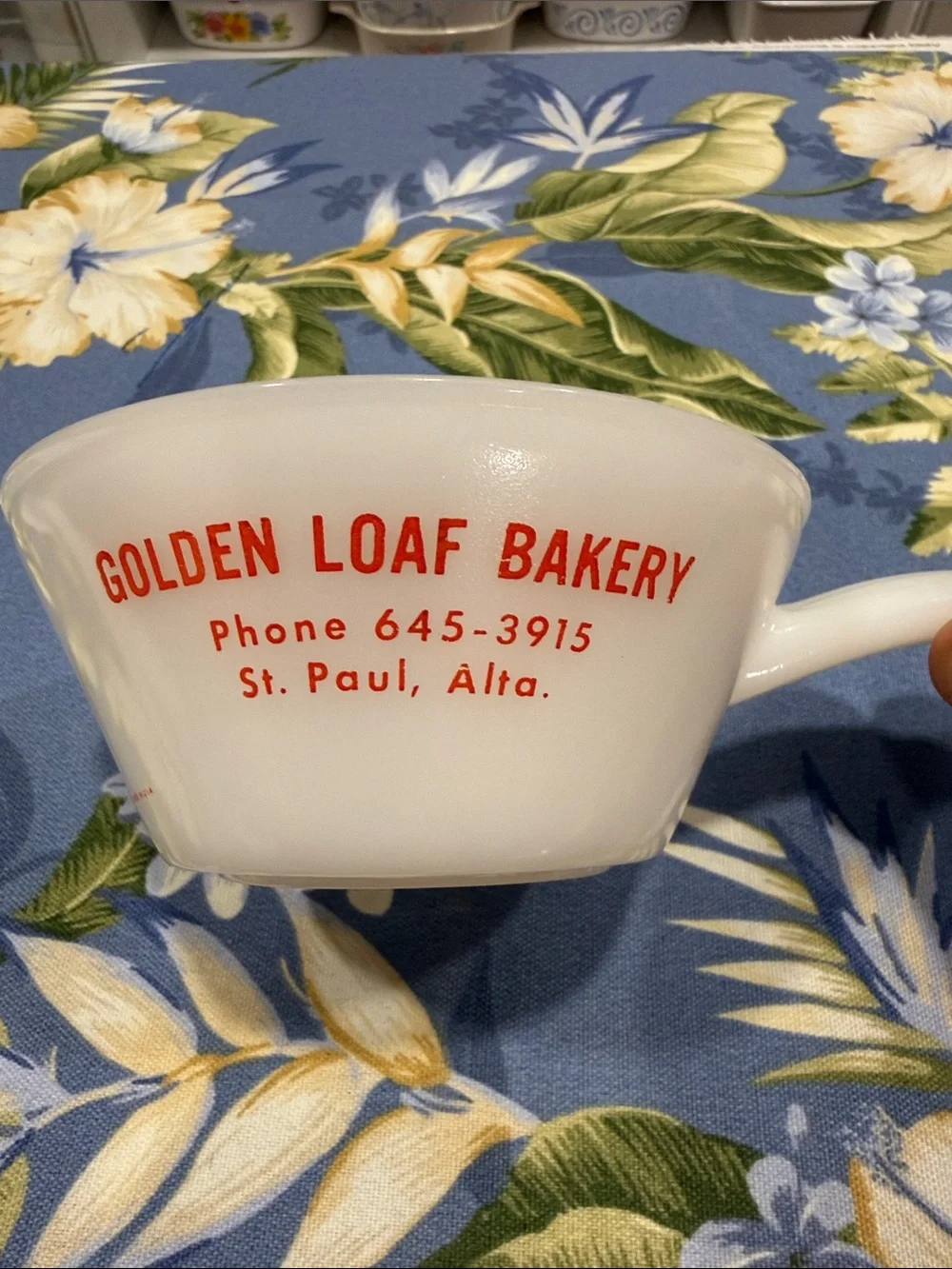 Golden Loaf Bakery Milk Glass Cup - White with Red Logo